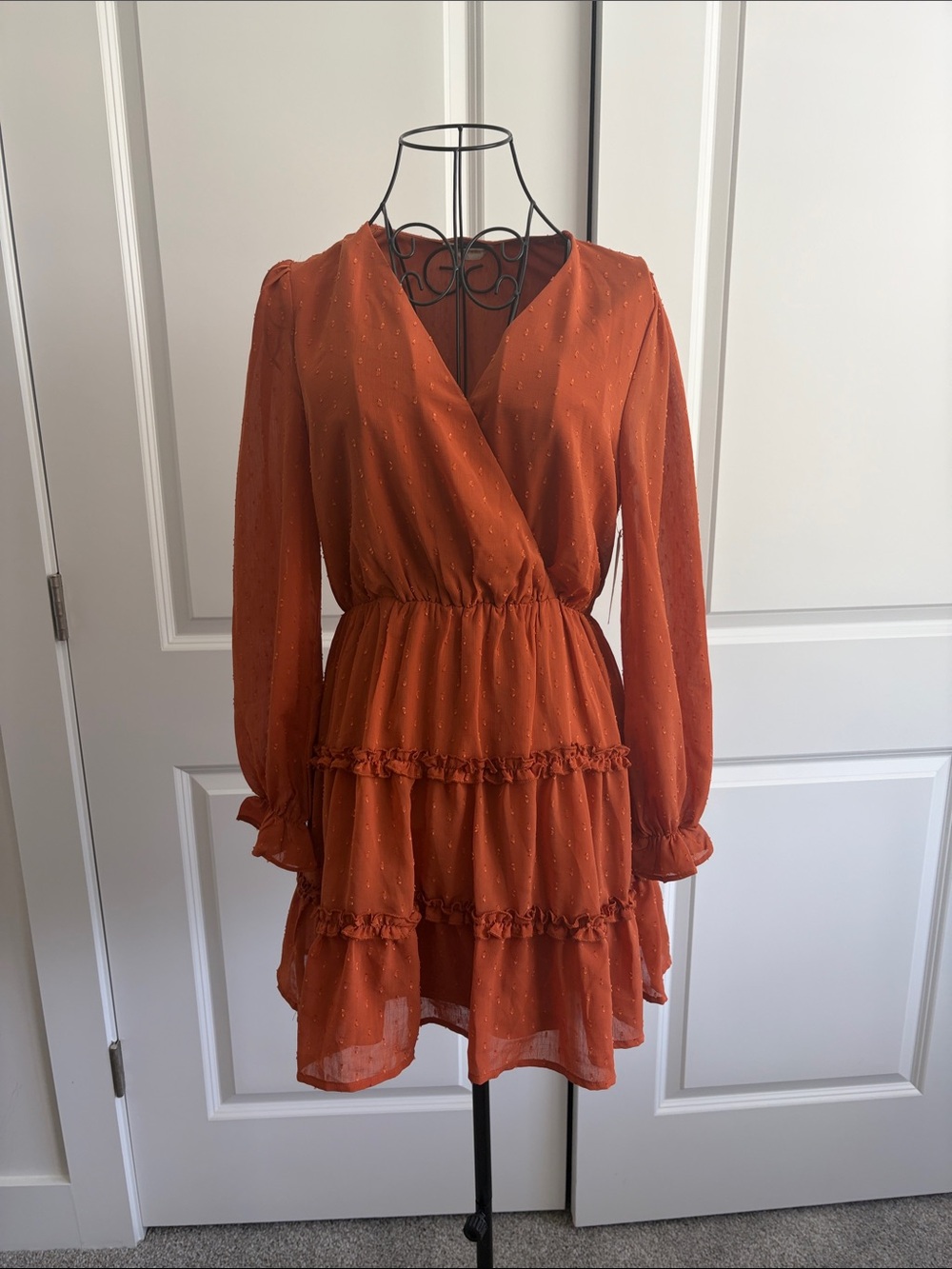 Altar'd State Rust Orange Long-Sleeve Tiered Wrap Dress